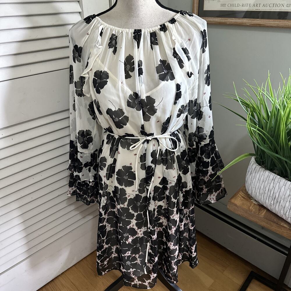 Ann Taylor Dress Womens 6 Dainty Floral Belted Sheer Chiffon Ruffle Flare Twee